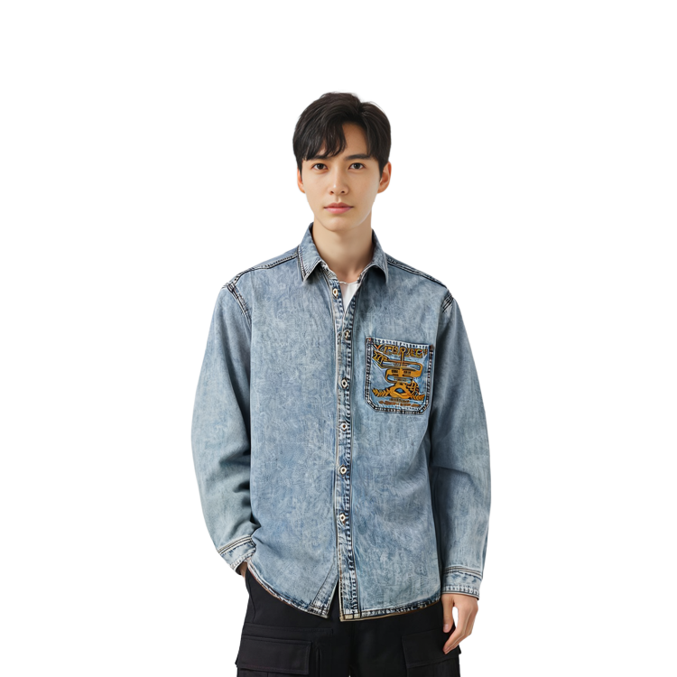 Sizing Y/Project FW23 Kemeja Denim Logo Sulam Biru Distressed Unisex. SHIRT69S25-BLUE