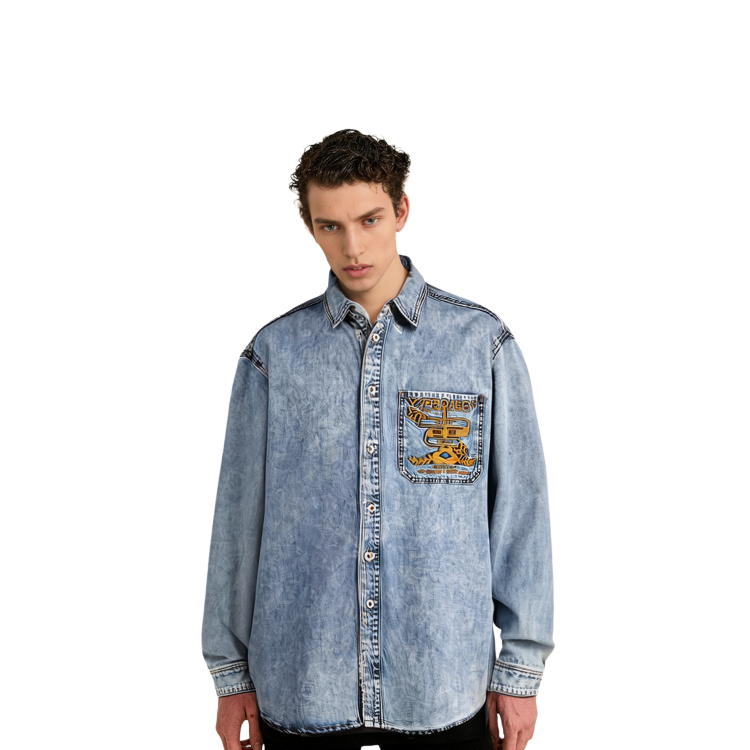 Cheap Y/Project FW23 Kemeja Denim Logo Sulam Biru Distressed Unisex. SHIRT69S25-BLUE