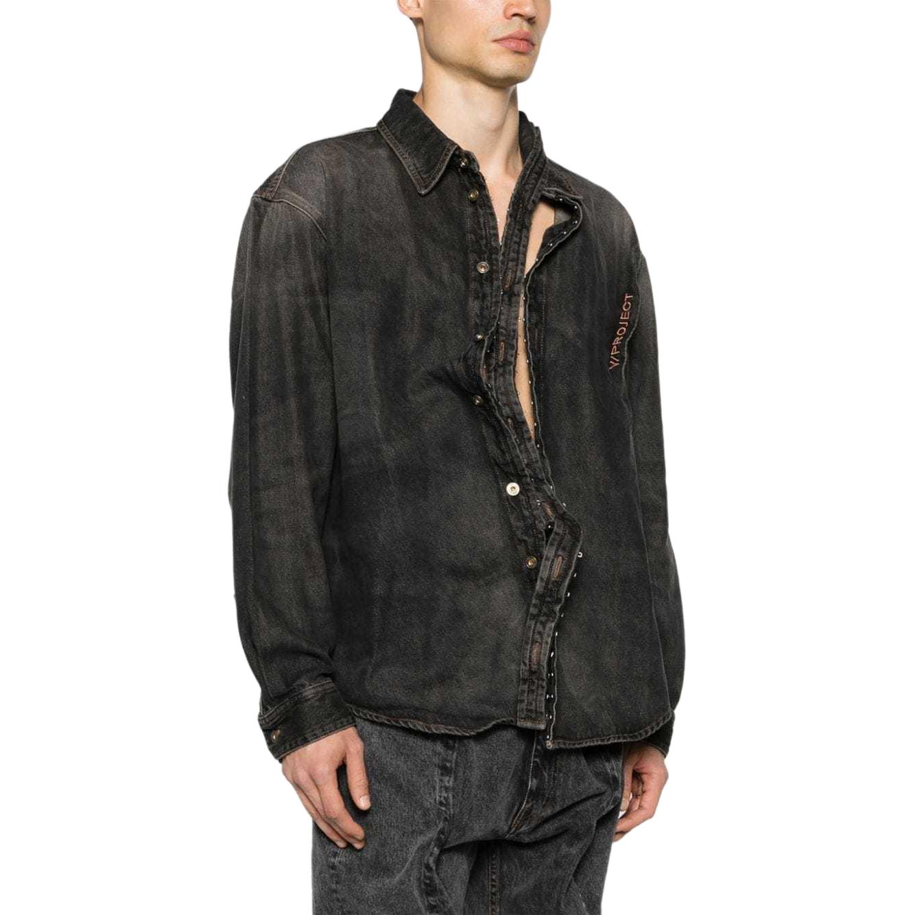 Purchase Y/Project Kemeja Denim Lengan Panjang Logo Tampal Asimetrik Unisex - Hitam 207SI004-BLACK