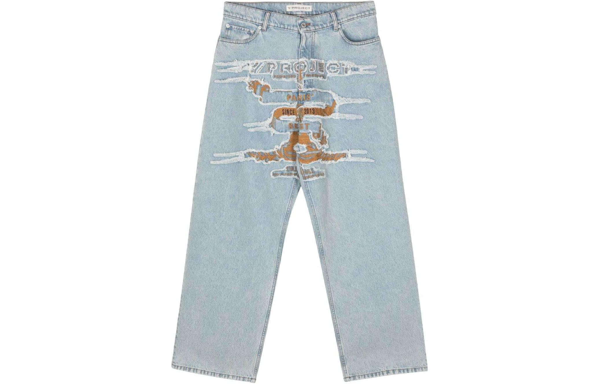 Y/Project YProject SS24 Ice Blue Logo Appliqué Wide-Leg Jeans Unisex Comfortable Fit 207PA005-BLUE