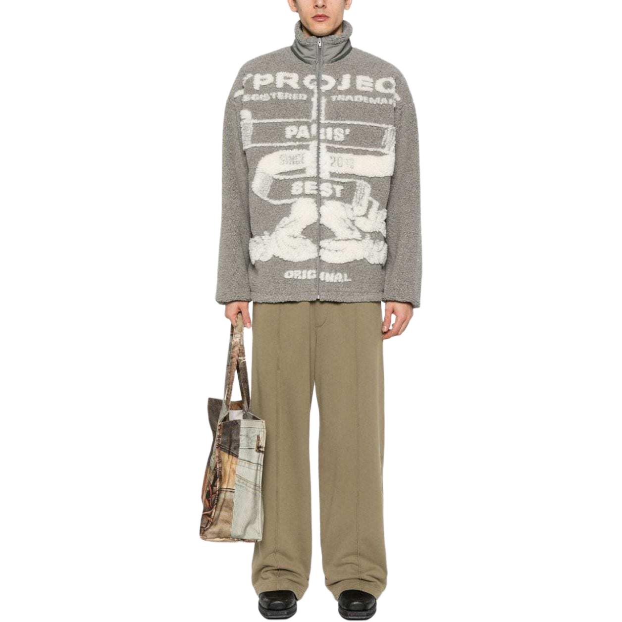 Lookbook Y/Project SS24 Jaket Fleece Kelabu Leher-Tinggi Corak Jacquard Unisex. 209JA001-GREY