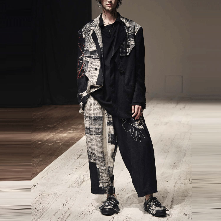 Shop ヨウジヤマモト 2022年SS 新聞プリント バギーハーレムパンツ ブラック メンズ HG-P53-812-1