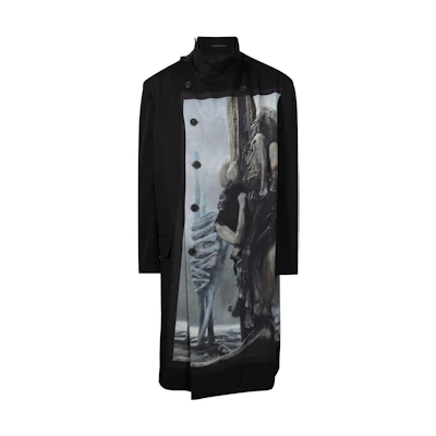 Yohji Yamamoto Asymmetric Button-Up Long Jacket Black Patterned Design. HE-J13-147-1
