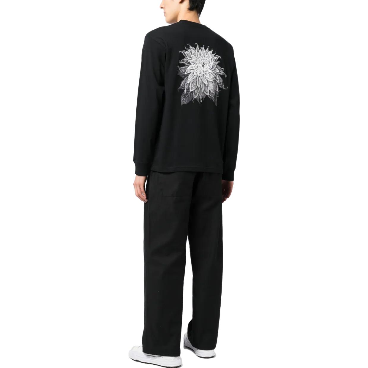 Shop Yohji Yamamoto Black Crewneck Sweatshirt Embroidered Logo & Floral Print HZ-T96-283