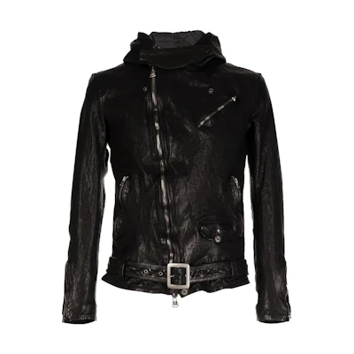 Yohji Yamamoto Black Leather Hooded Long Sleeve Jacket HEY53808