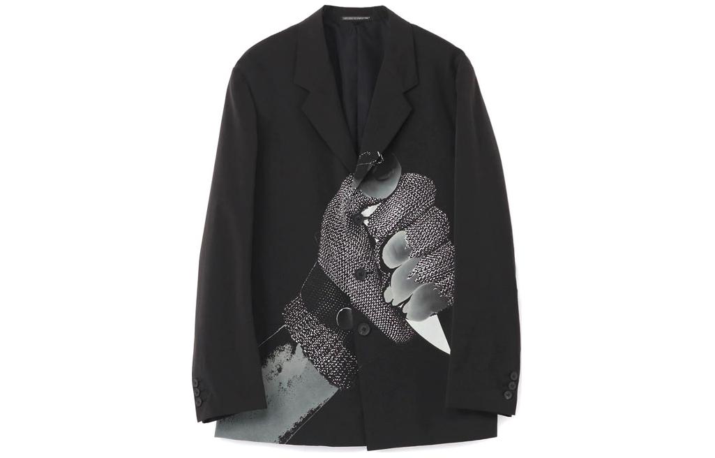 Yohji Yamamoto Black Pattern Print Collared Long Sleeve Jacket HX-J34-811-1