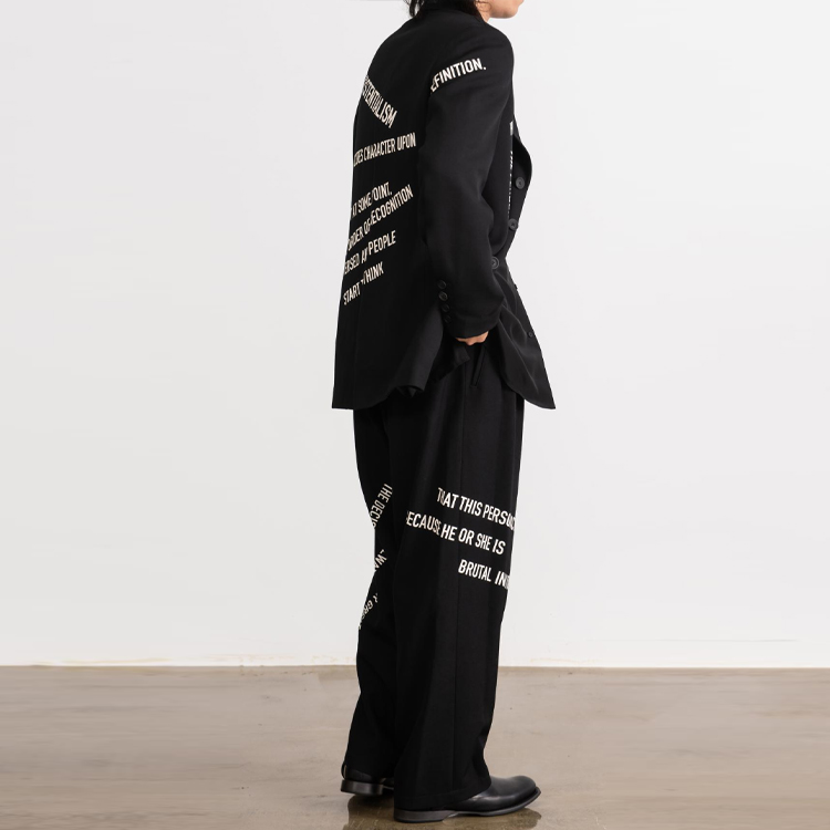 Details for ヨウジヤマモト FW21 レター スローガン プリント ブラック カジュアル パンツ HX-P48-117-1