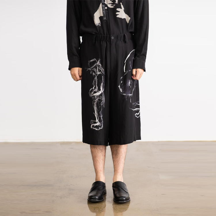 Shop ヨウジヤマモト FW21 シルク インク スケッチ クロップドパンツ メンズ ブラック HX-P40-834-01