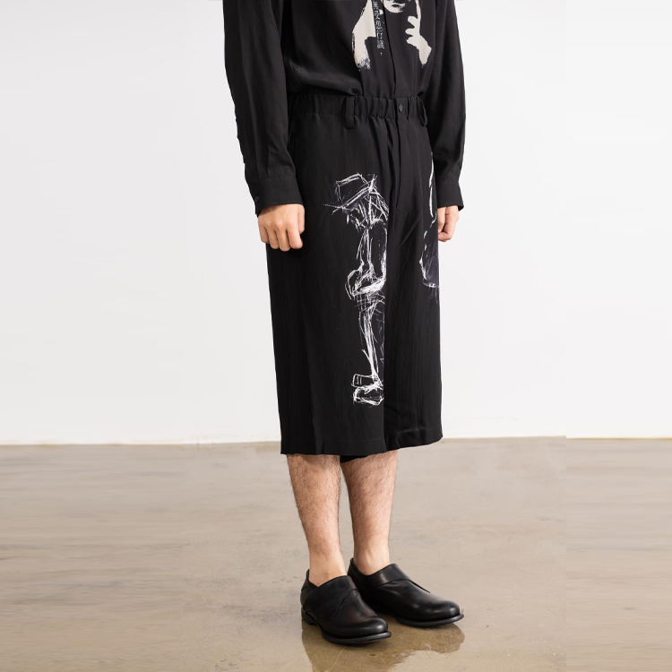 Details for ヨウジヤマモト FW21 シルク インク スケッチ クロップドパンツ メンズ ブラック HX-P40-834-01