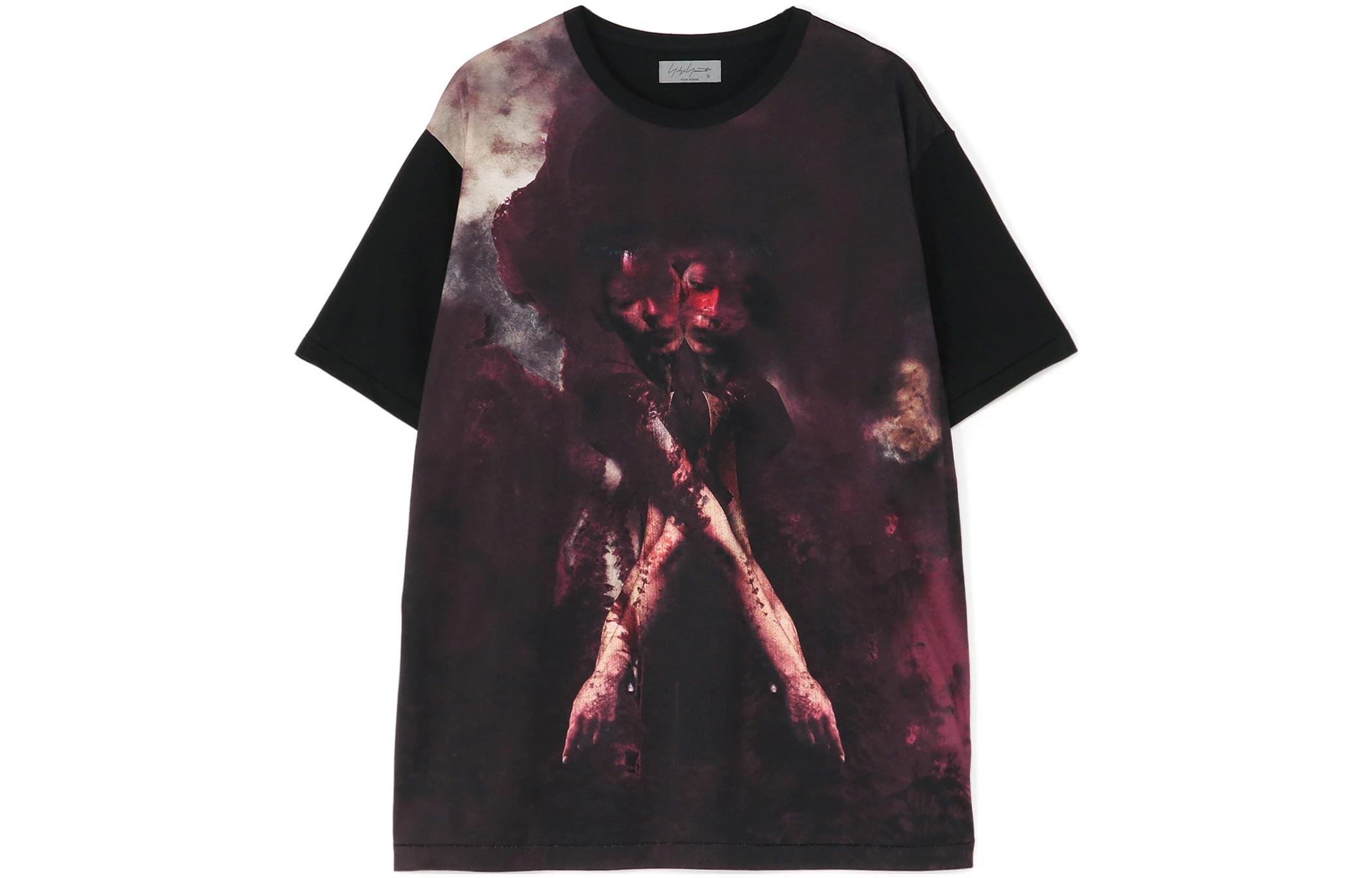 Order Yohji Yamamoto FW22 インクジェットポートレートプリント ブラッククルーネックTシャツ HE-T73-083-1