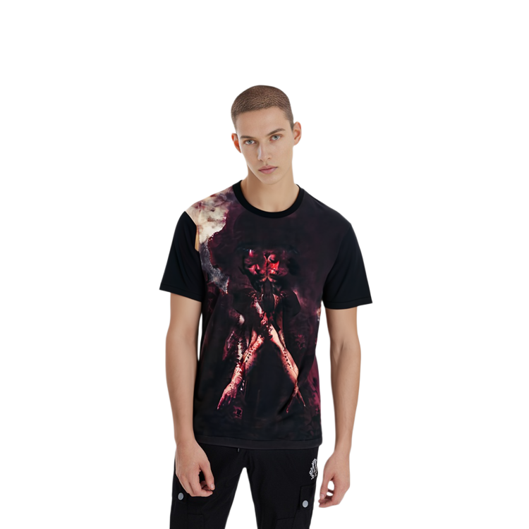 Cheap Yohji Yamamoto FW22 インクジェットポートレートプリント ブラッククルーネックTシャツ HE-T73-083-1