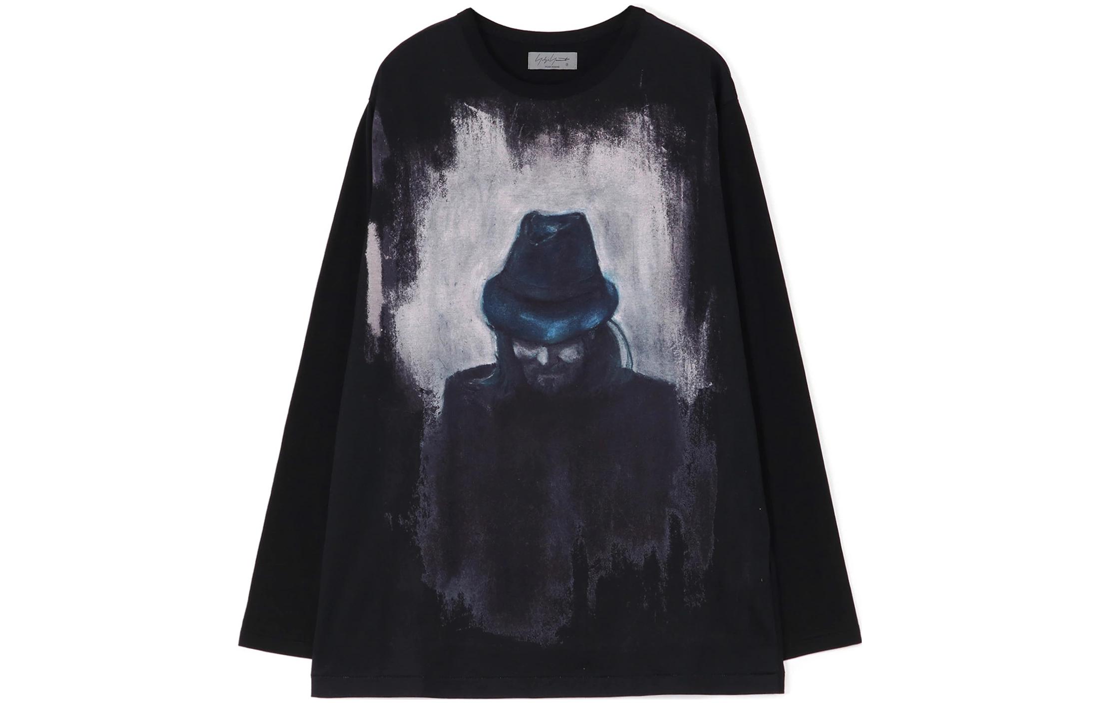 Order ヨウジヤマモト FW22 ポートレートプリント クルーネック 長袖 Tシャツ ブラック HE-T74-083-2