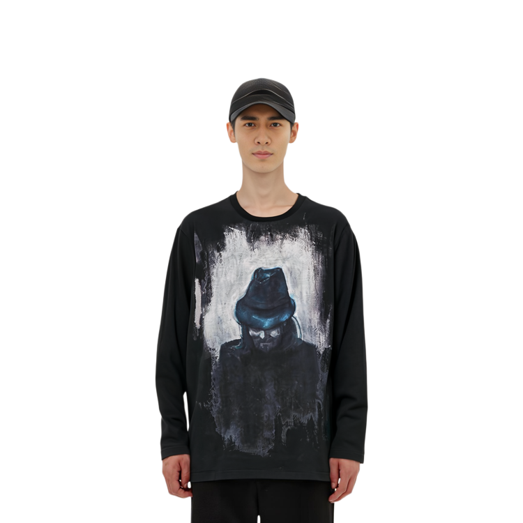 Sizing ヨウジヤマモト FW22 ポートレートプリント クルーネック 長袖 Tシャツ ブラック HE-T74-083-2