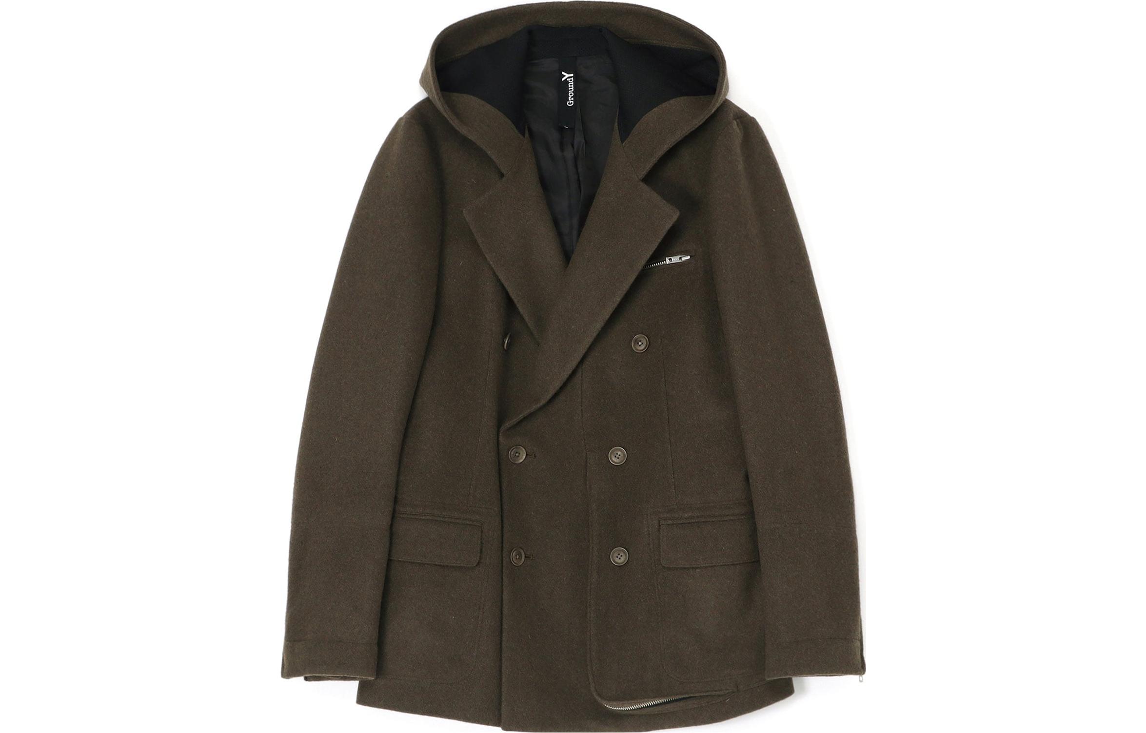 Yohji Yamamoto Ground Y FW23 Khaki Double-Breasted Hooded Jacket Unisex GJ-C09-102-1