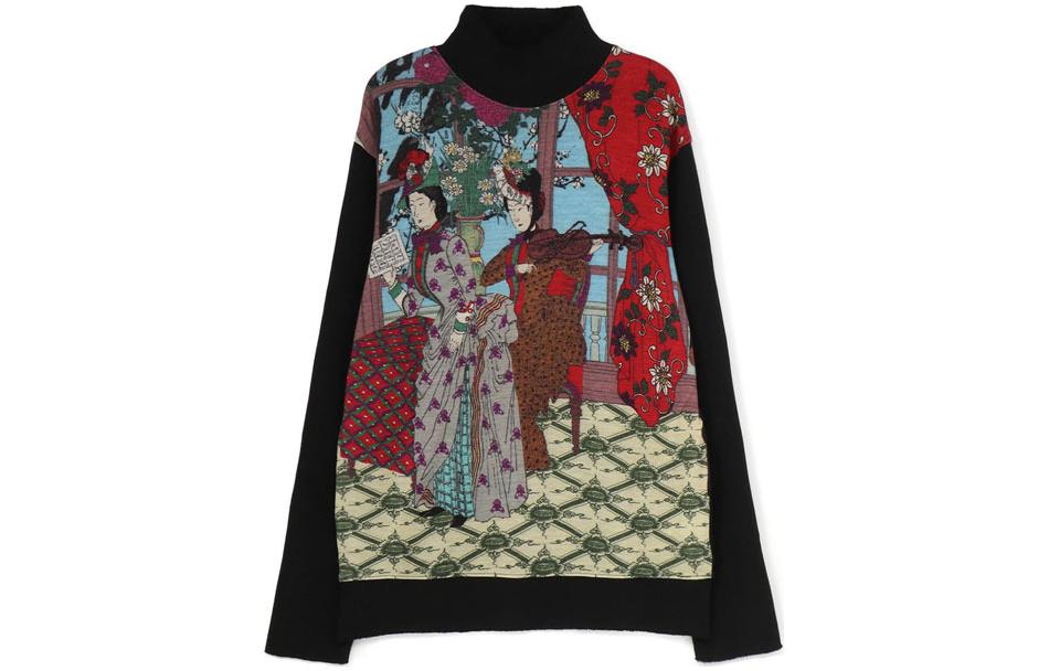 Yohji Yamamoto Patterned Turtleneck Fitted Long Sleeve Sweatshirt Unisex Floral HX-T80-992-2