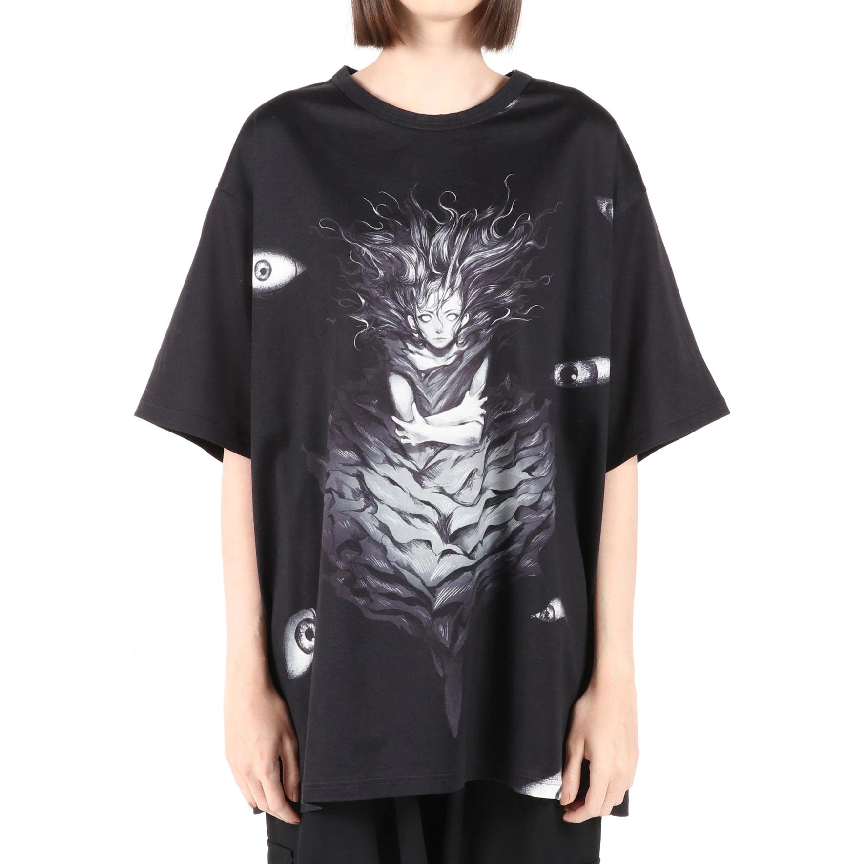 Purchase ヨウジヤマモト SS22 アイプリント オーバーサイズ ユニセックス ブラックTシャツ FG-T87-273-1