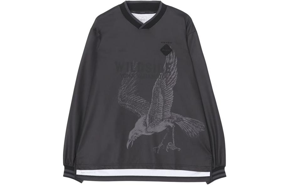 Yohji Yamamoto V-Neck Loose-Fit Sweatshirt Eagle Print Charcoal Gray SJ-T10-802-2