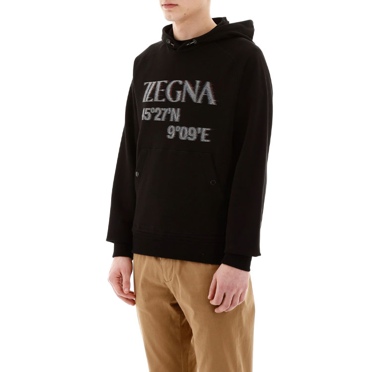 Details for Z Zegna 黑色棉質印花連帽衫長袖上衣。 VU458-ZZ862O-7O1