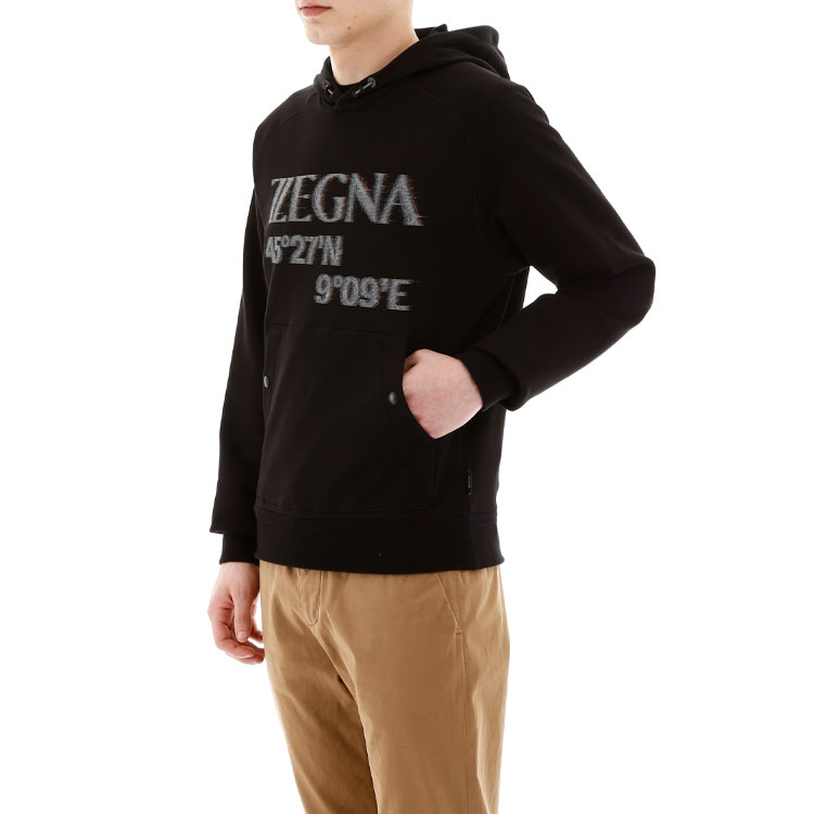 Sizing Z Zegna 黑色棉質印花連帽衫長袖上衣。 VU458-ZZ862O-7O1