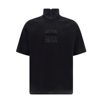Z Zegna Black Half-Zip Mock Neck T-Shirt with Logo Print Detail. UA364-ESC775-K09