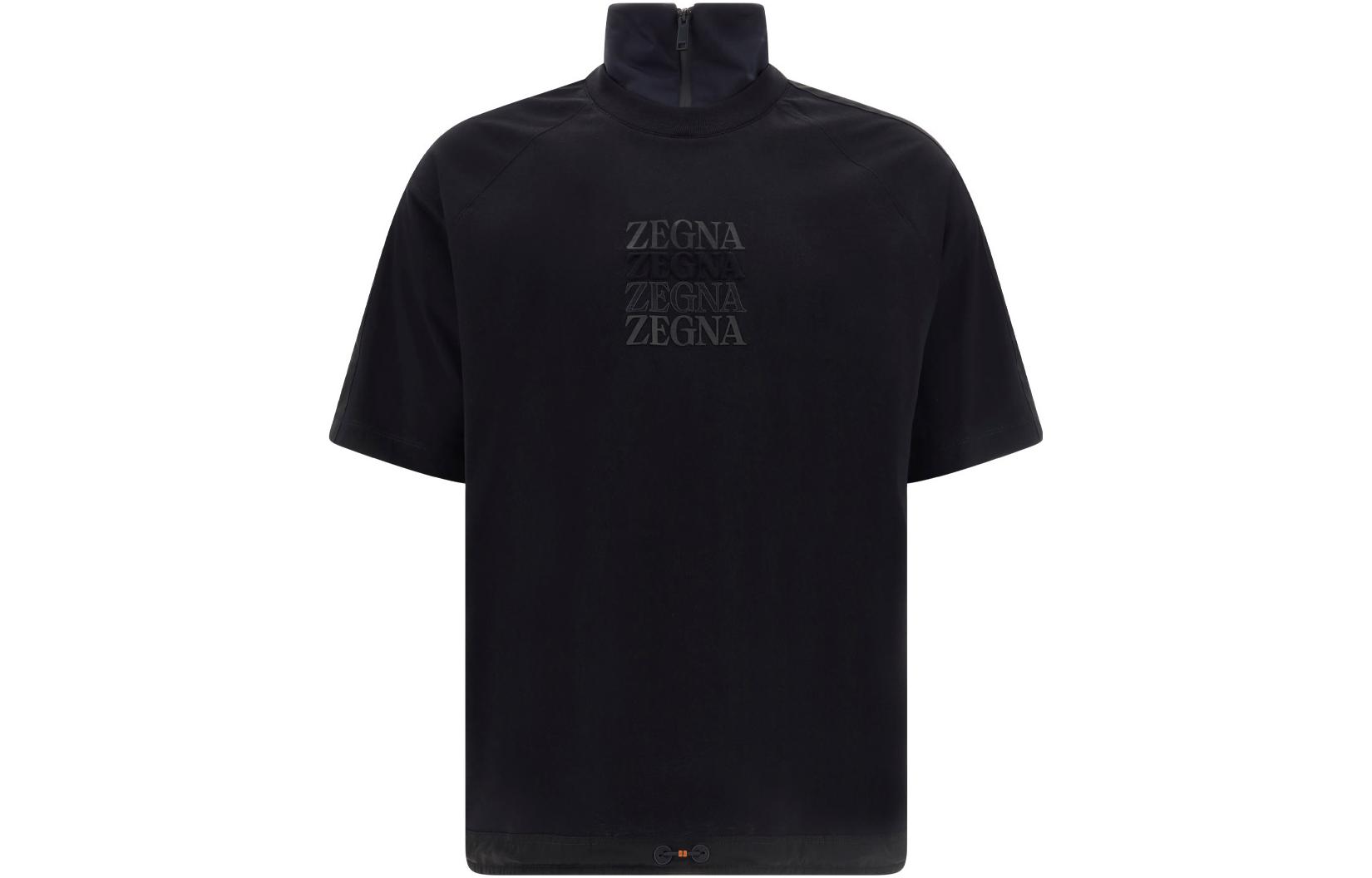 Order Z Zegna 黑色半拉鍊立領短袖T恤附印花標誌細節。 UA364-ESC775-K09