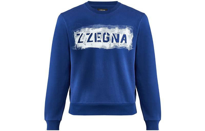 Z Zegna Blue Loose Fit Crewneck Sweatshirt with Logo Pattern. VS458-ZZ846A-7A2