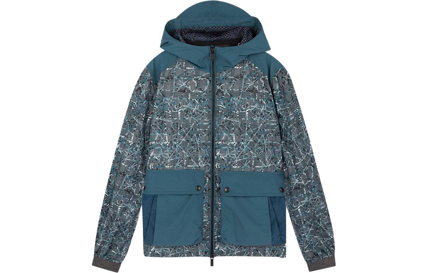 Z Zegna Blue Patchwork Graphic Print Hooded Jacket for Men. VU033-ZZ051-200