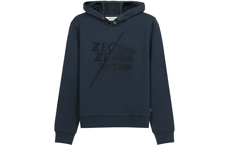 Z Zegna FW21 Logo Print Cotton Hoodie Deep Cobalt Blue - . VY458-ZZ896H-8H2