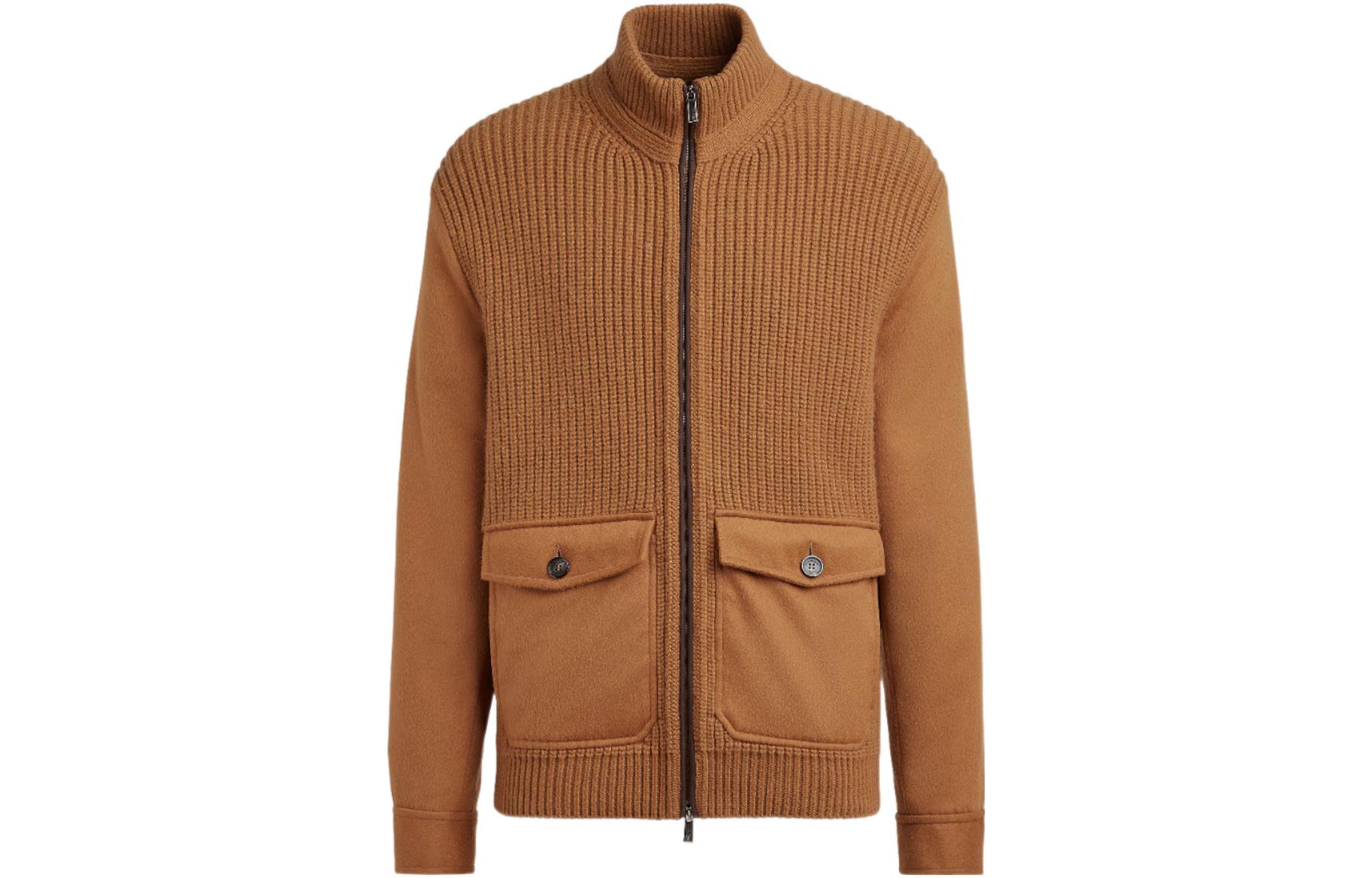 Z Zegna FW22 Brown Zip-Up Knit Jacket with Stand Collar UNV52-157-N95