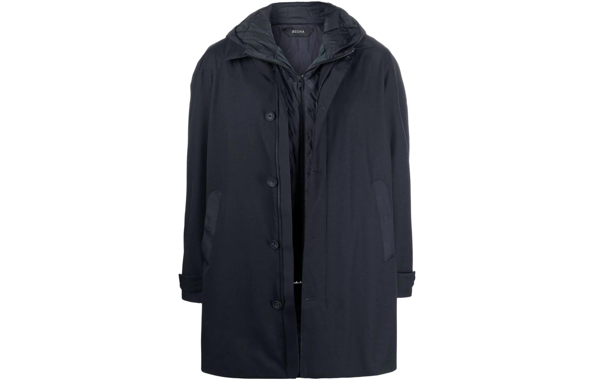 Z Zegna Solid Navy Blue Relaxed Fit Layered Zip Hoodie Jacket. VY037-ZZ203-B09