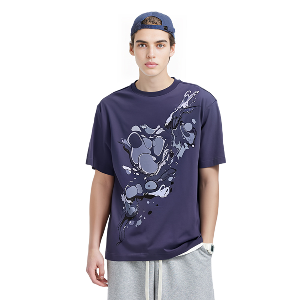 Shop Z Zegna SS22 抽象印花寬鬆藍色圓領T恤。 VZ364ZZ651A-6A1