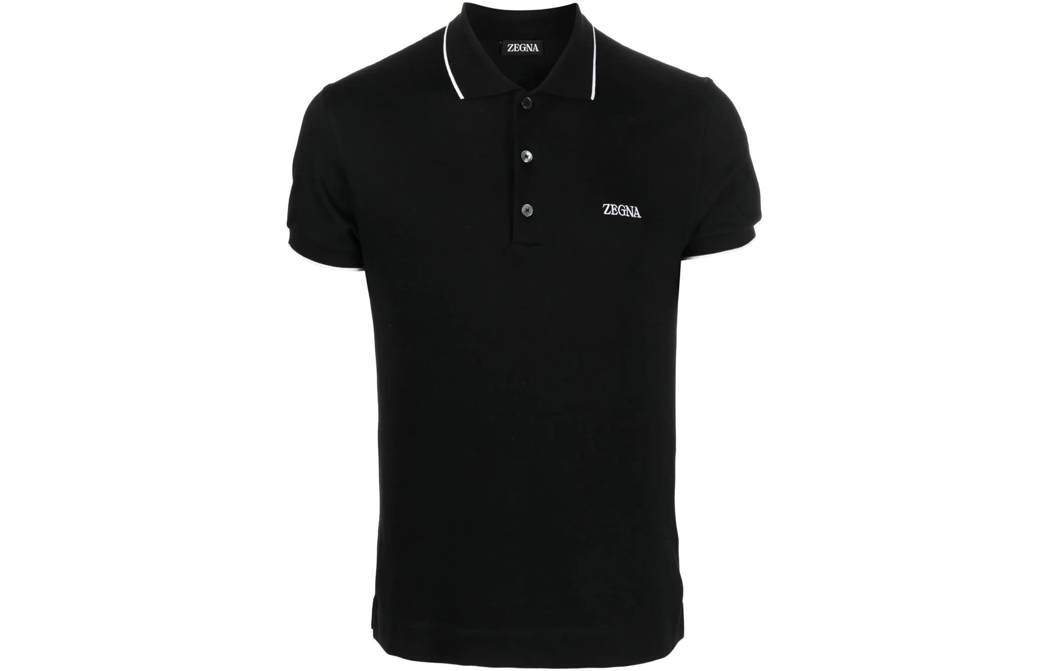 Z Zegna SS23  Black Polo Shirt with Logo Embroidery & Striped Detailing. E7358A5B746-K09
