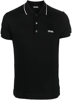 Z Zegna SS23 Black Polo Shirt with Logo Embroidery & Striped Detailing. E7358A5B746-K09 Buy Z Zegna SS23 Black Polo Shirt with Logo Embroidery & Striped Detailing. E7358A5B746-K09
