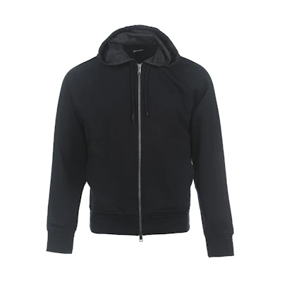 Z Zegna SS23 Solid Zip-Up Hoodie with Drawstring in Navy Blue. UB553A5-B859-B09