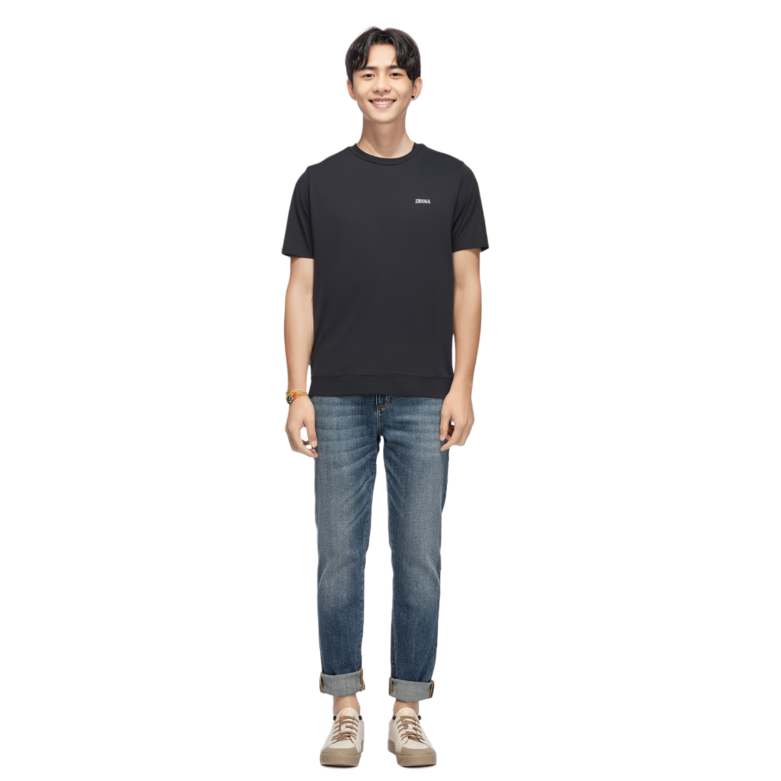 Shop Z Zegna SS23 男士黑色刺繡Logo圓領T恤。 E7360A-5B760-B09