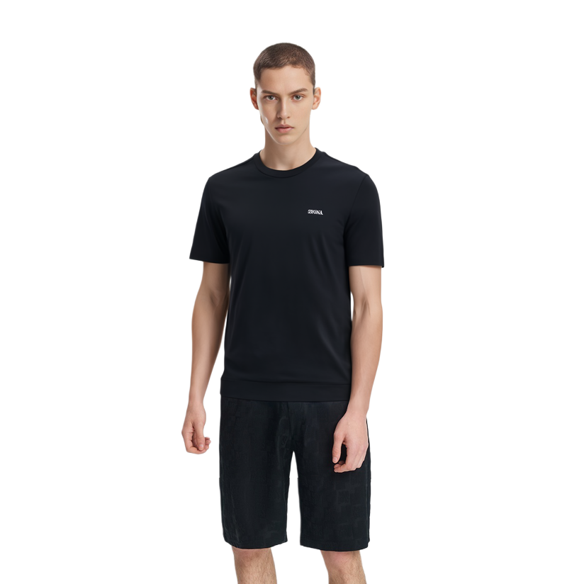 Purchase Z Zegna SS23 男士黑色刺繡Logo圓領T恤。 E7360A-5B760-B09