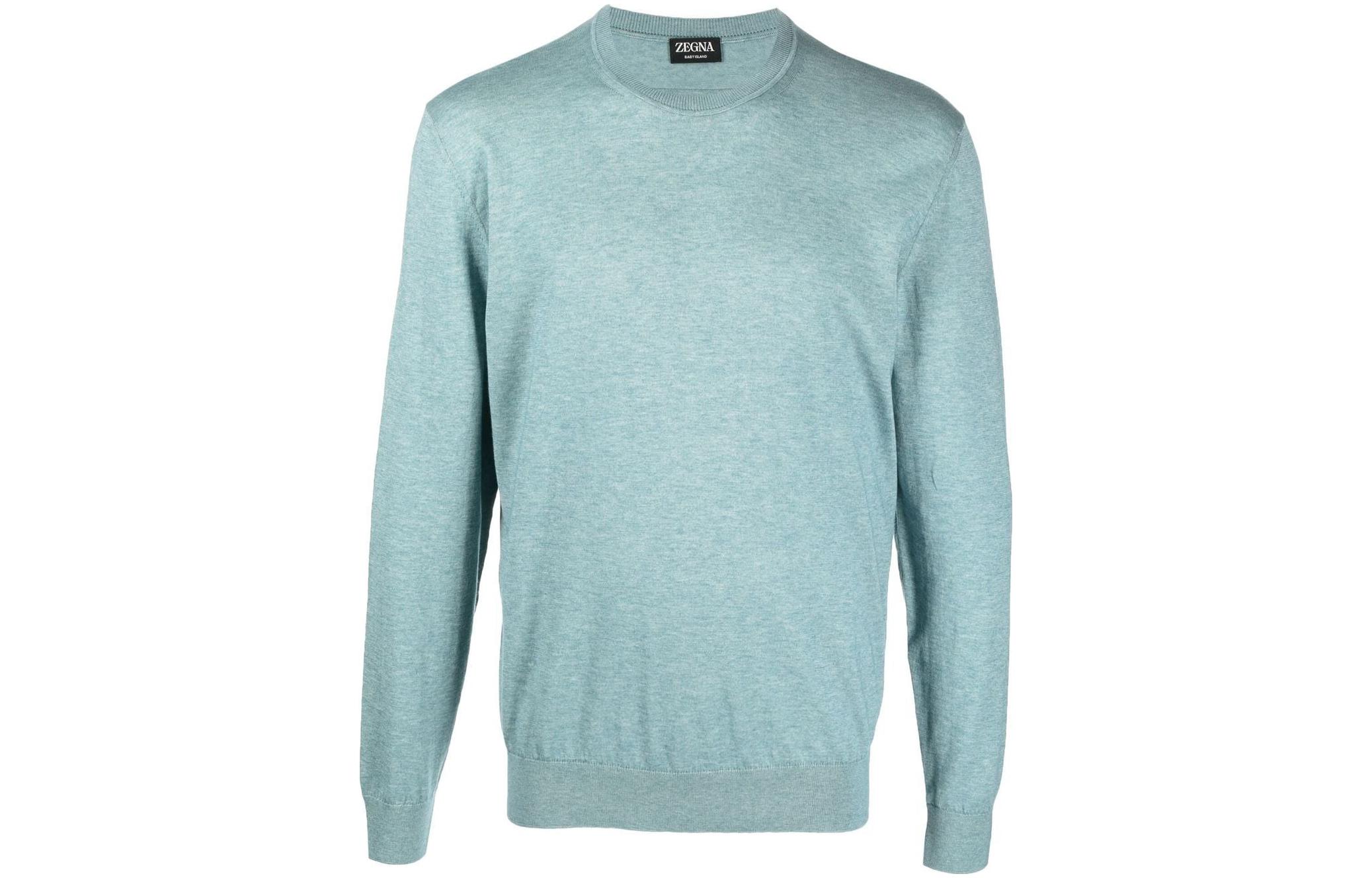 Z Zegna SS23 Solid Crewneck Ribbed Knit Sweatshirt Blue - Long Sleeve. UBQ90A5110-T95