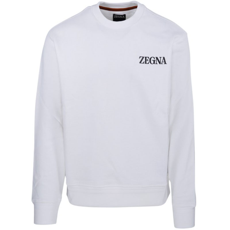 Z Zegna SS23 White Logo Print Crewneck Long-Sleeve Pullover Sweater UB522-A5B872-128
