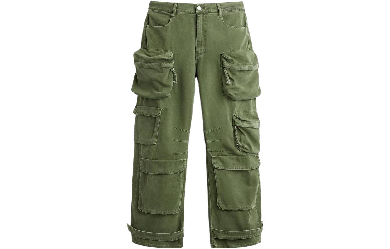 ZARA  Green Cargo Denim Pants with Multi-Pockets and Zipper Design 5575375-500