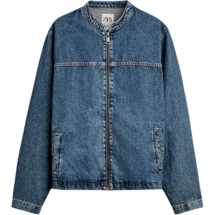 ZARA  Loose Fit Mandarin Collar Washed Denim Jacket Blue 06688316-35