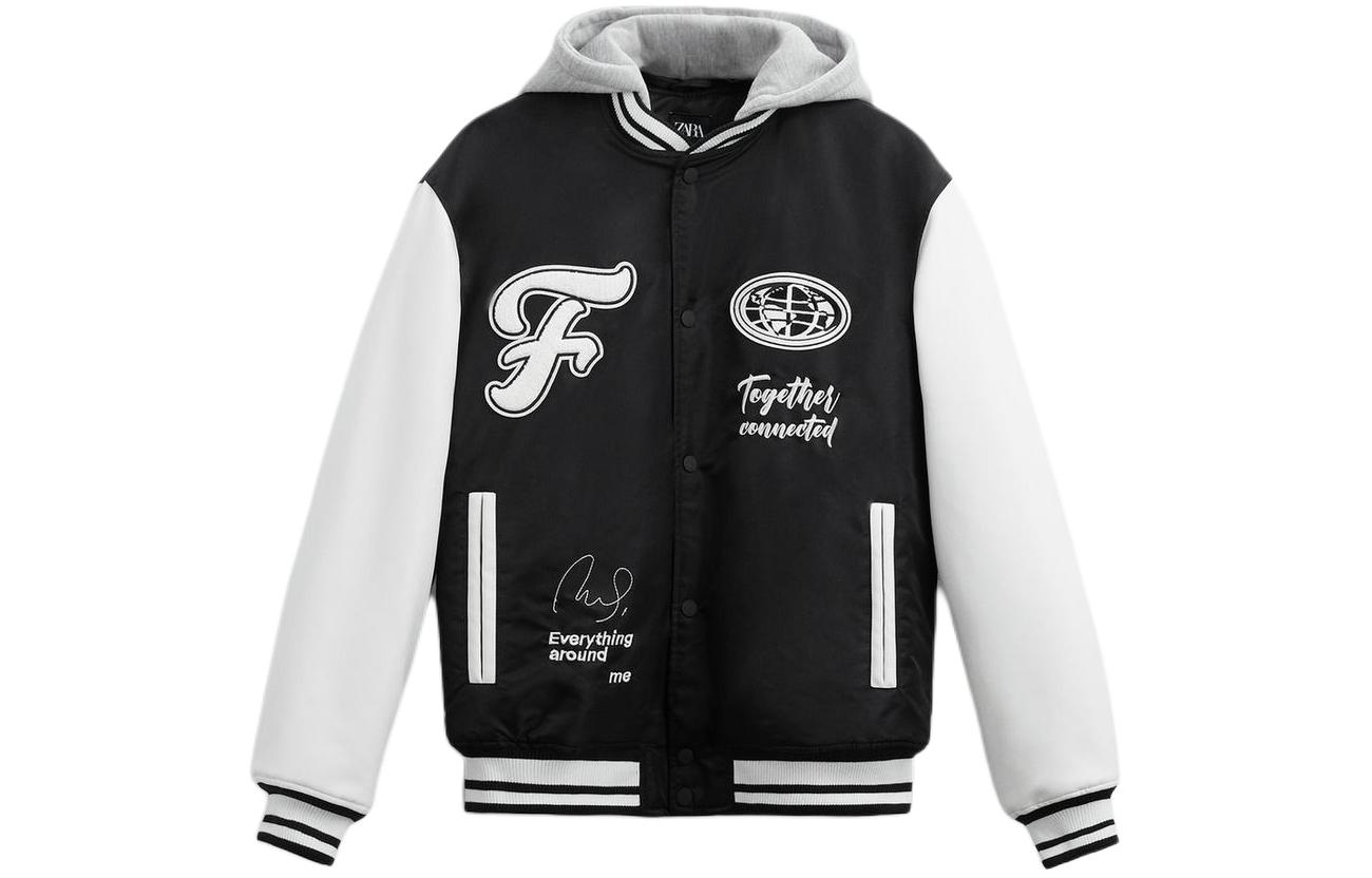 ZARA Black Colorblock Letter Hooded Button-Up Jacket 3833400-800