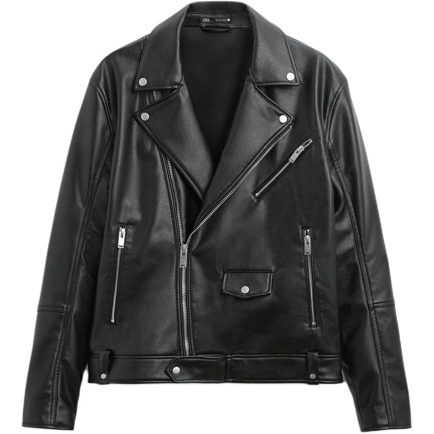 ZARA Black Faux Leather Motorcycle Jacket with Zipper and Long Sleeves 4391400-800
