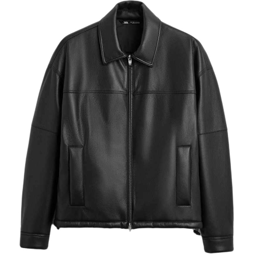 ZARA Black Faux Leather Zip-Up Long Sleeve Jacket 08281322-35