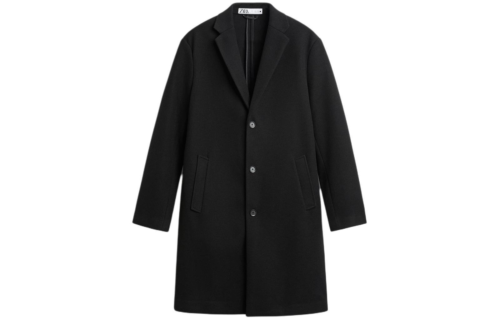 ZARA Black Single-Breasted Mid-Length Solid Trench Coat 5070300-800