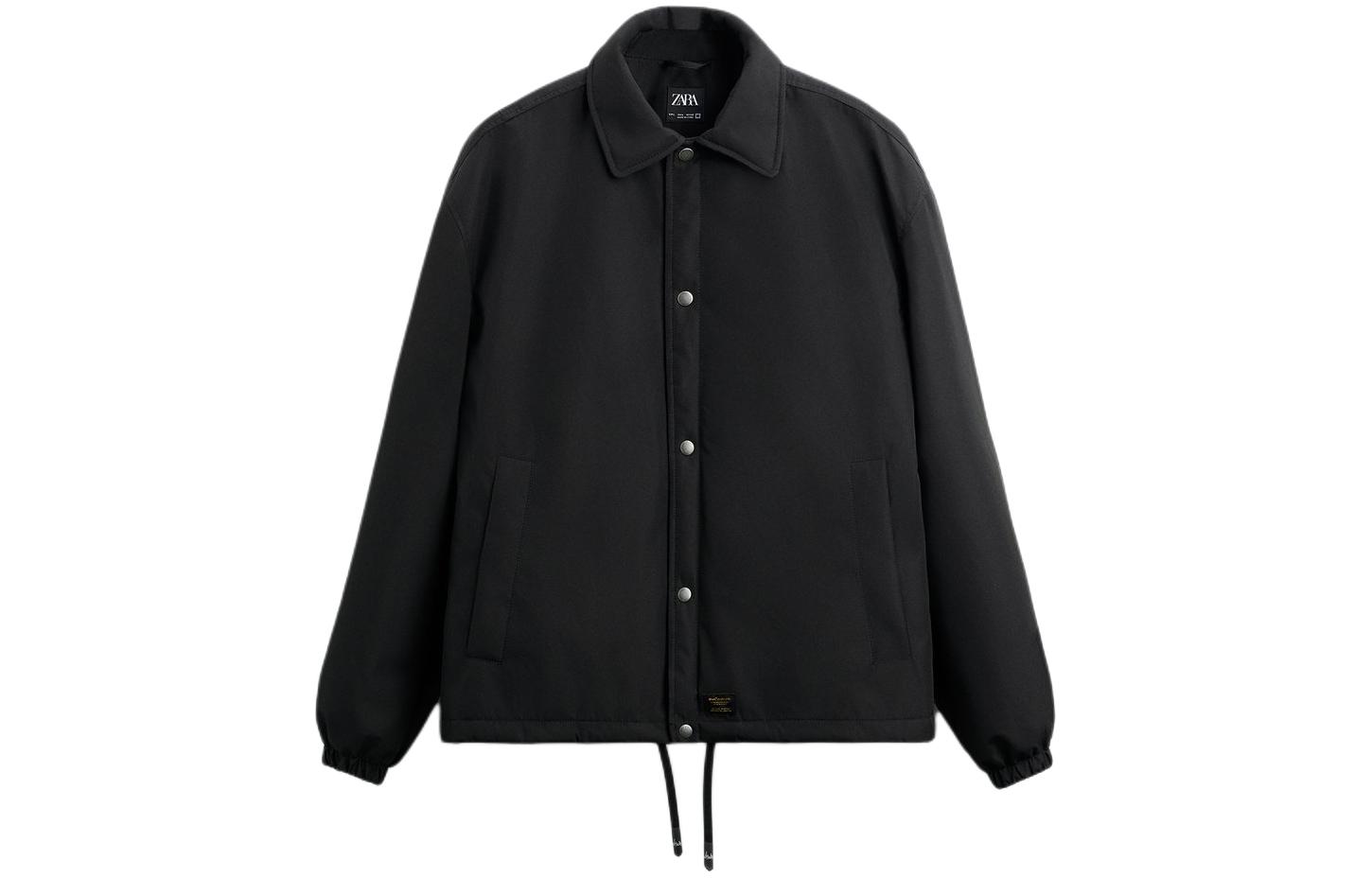 ZARA Black Solid Color Collared Long-Sleeve Button-Up Jacket 3833311-800