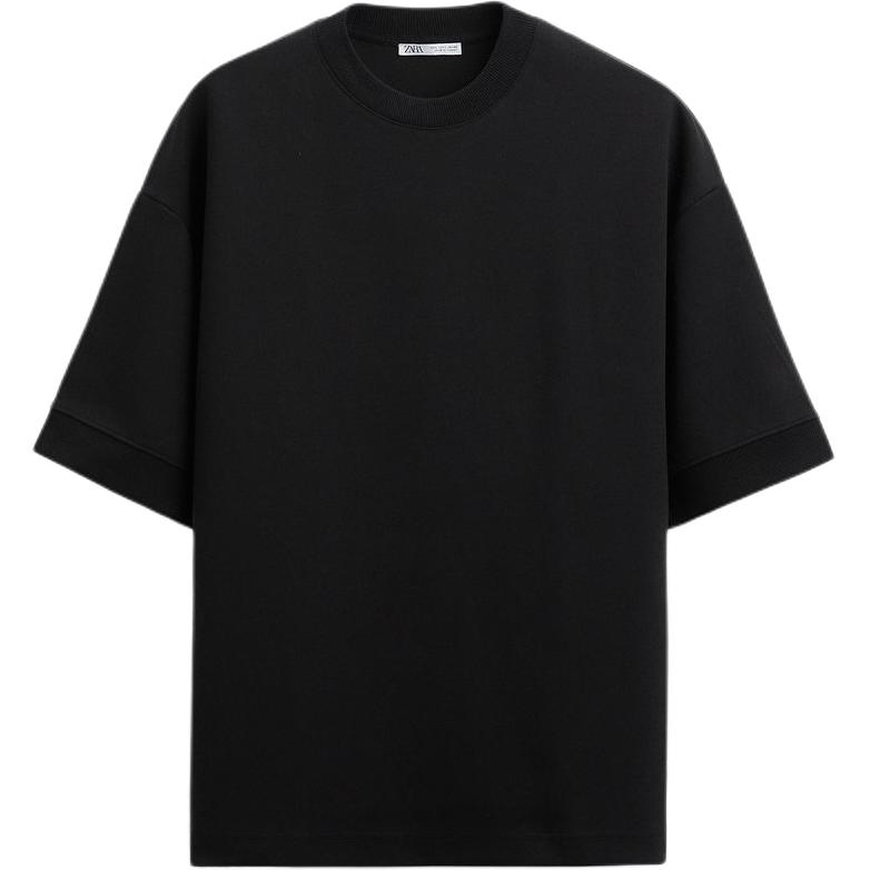 ZARA Black Solid Color Comfy Crewneck Short Sleeve Sweatshirt 0761448-800