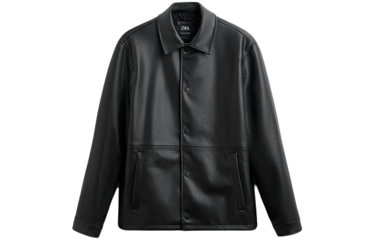 ZARA Black Solid Color Long-Sleeve Collared Button-Up Jacket 8281345-800