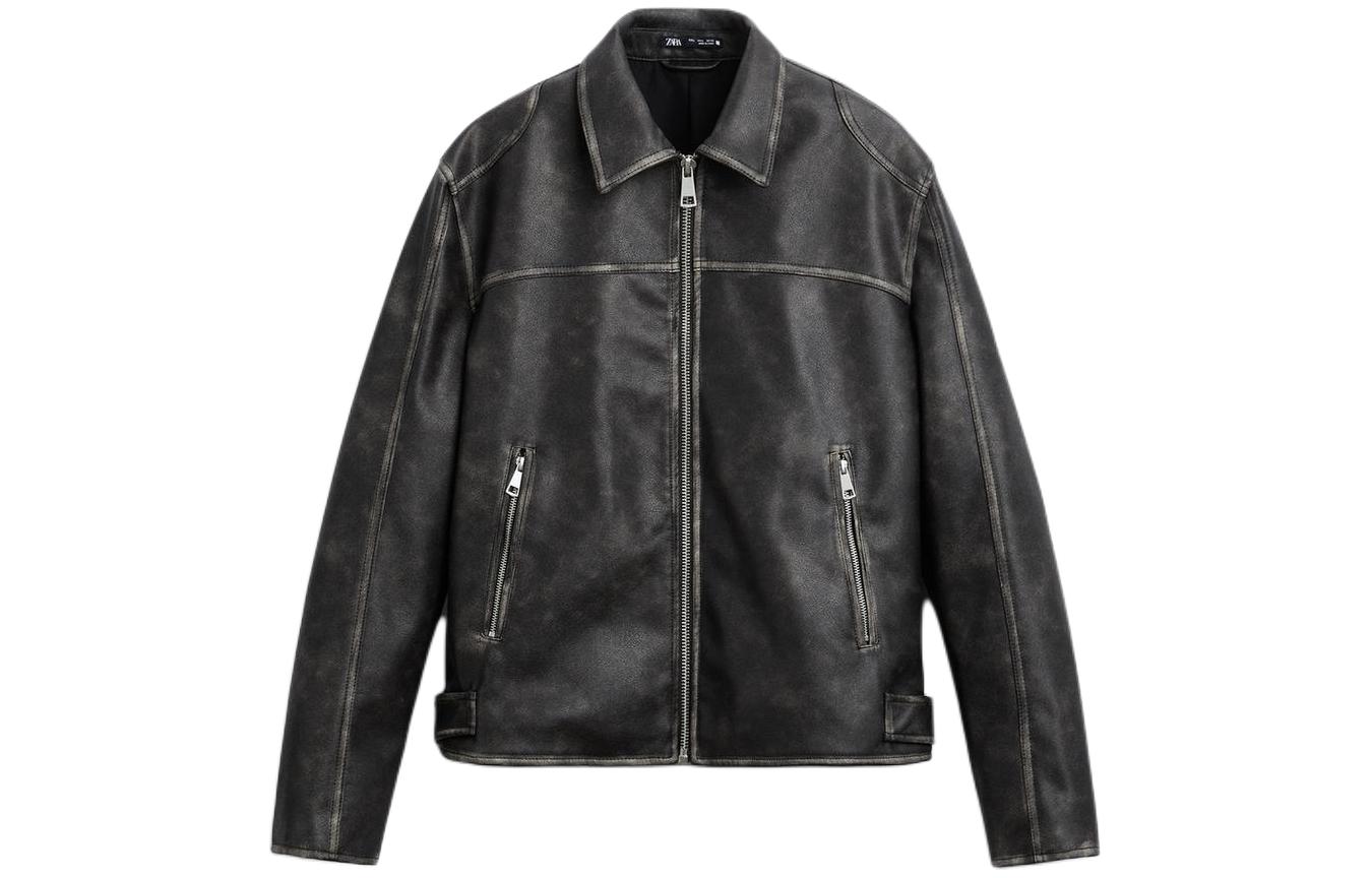 ZARA Black Washed Long-Sleeve Jacket with Zipper Collar and Pockets 5320403-700