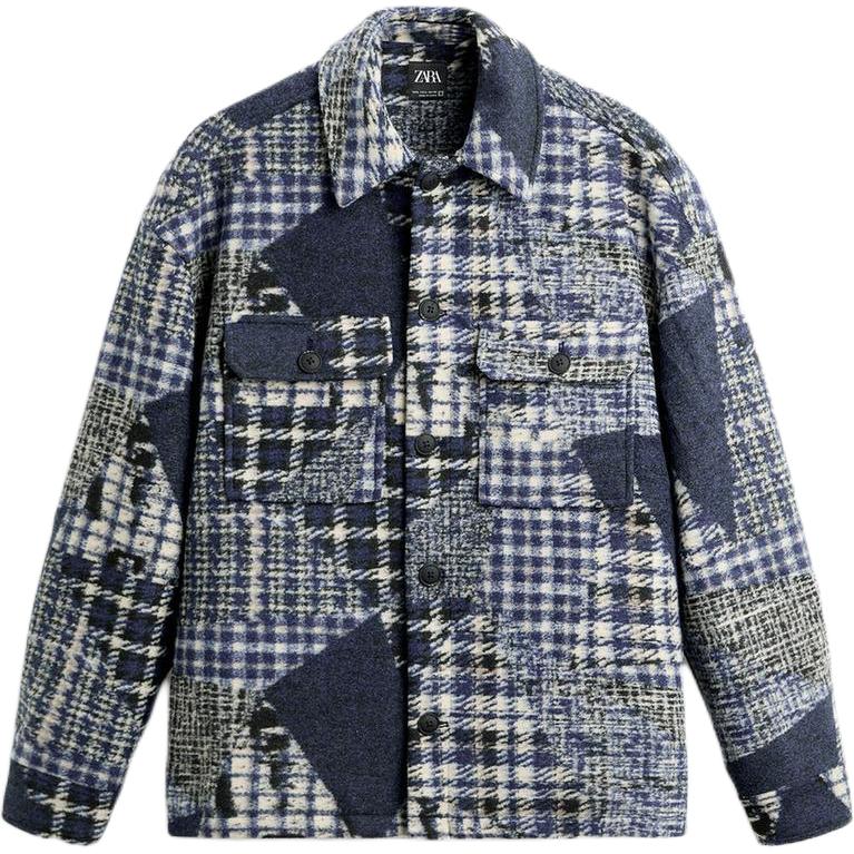 ZARA Blue Flannel Patchwork Long-Sleeve Shirt Jacket with Collar. 03046363-35
