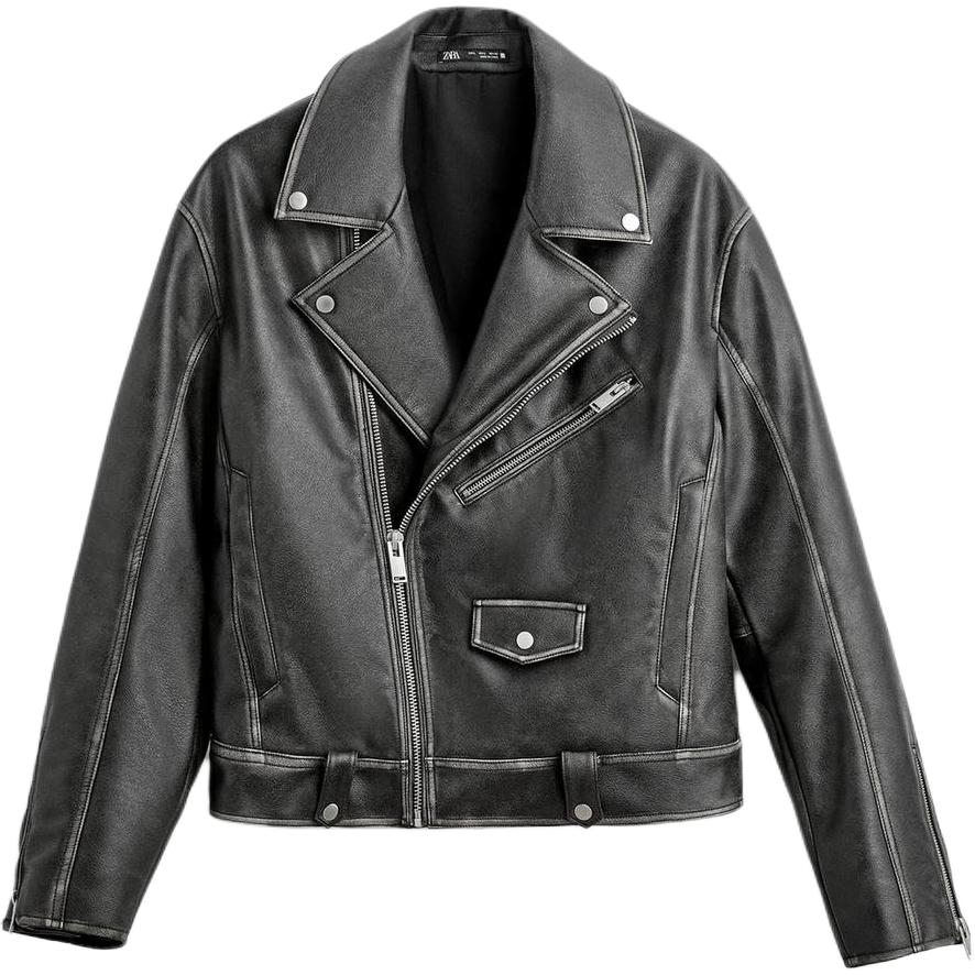 ZARA Brown Washed Leather Biker Jacket with Zipper and Long Sleeves 03715428-35